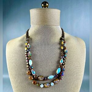 Sorrelli Vintage Chunky Double Strand Aurora Borealis & Stone Necklace. Brass.